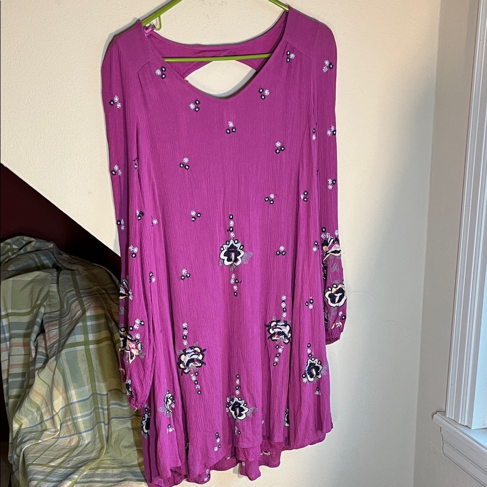 Free People Magenta Mini Dress Tunic‎ with Embroidered Puffed Sleeves S